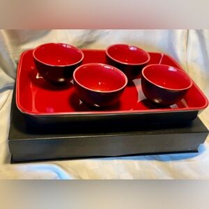 Boxed Set of Elegant Black and Red Bowls NIB & Matching Casserole Dish NIB